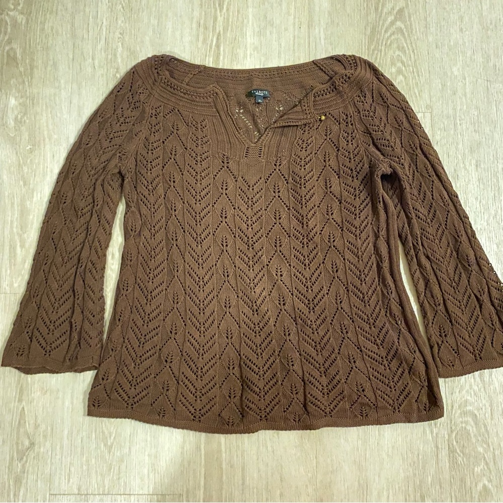 Talbots Chocolate Brown Open Knit Sweater Boho Fall Bohemian Womens size medium